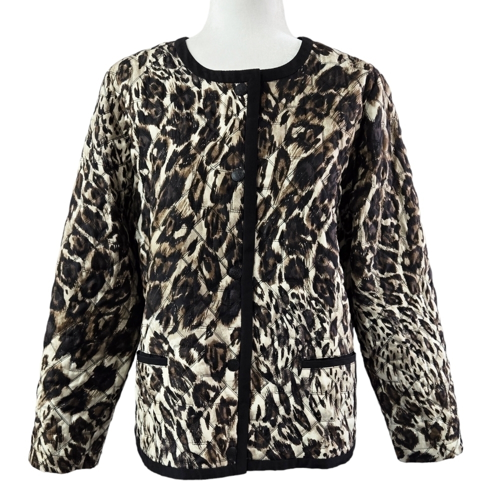 Chico's Siberian Nights Leopard Print Tan Quilted Collarless Snap-Up Jacket
